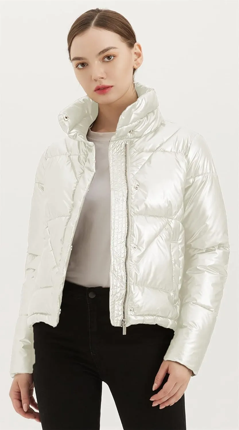 Women's Quilted Metallic Shiny Puffer Jacket Winter Warm Full Zipper Stand Collar Padded Short Coat