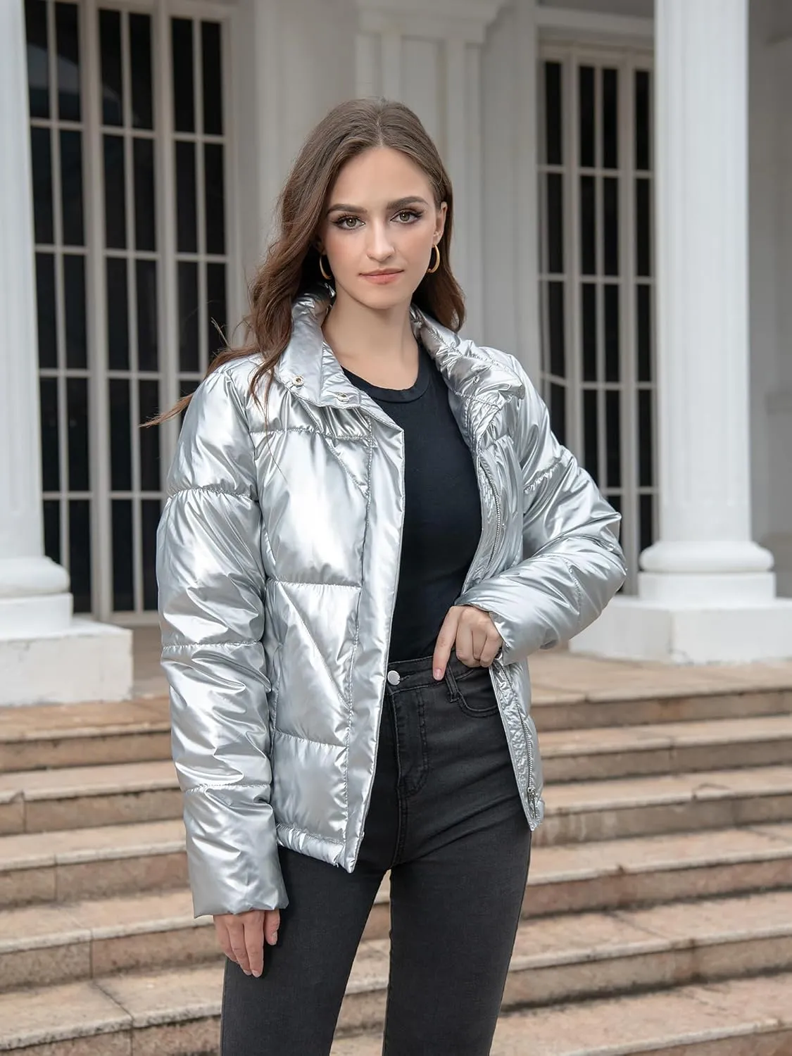 Women's Quilted Metallic Shiny Puffer Jacket Winter Warm Full Zipper Stand Collar Padded Short Coat
