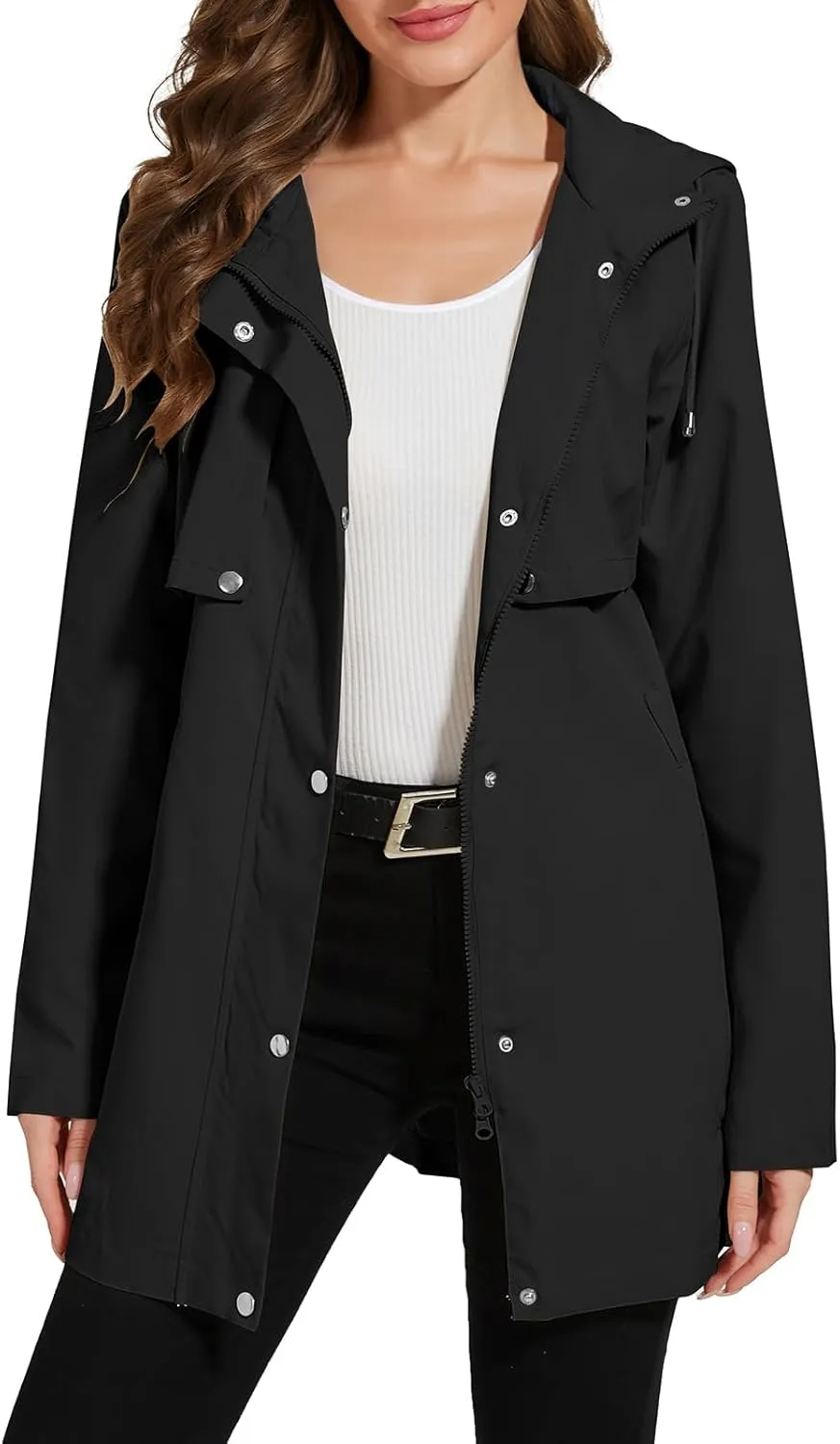 Womens Rain Jacket with Hood, Long Rain Coat for Women Waterproof Trench Coat Lined Windbreaker Fall Jacket