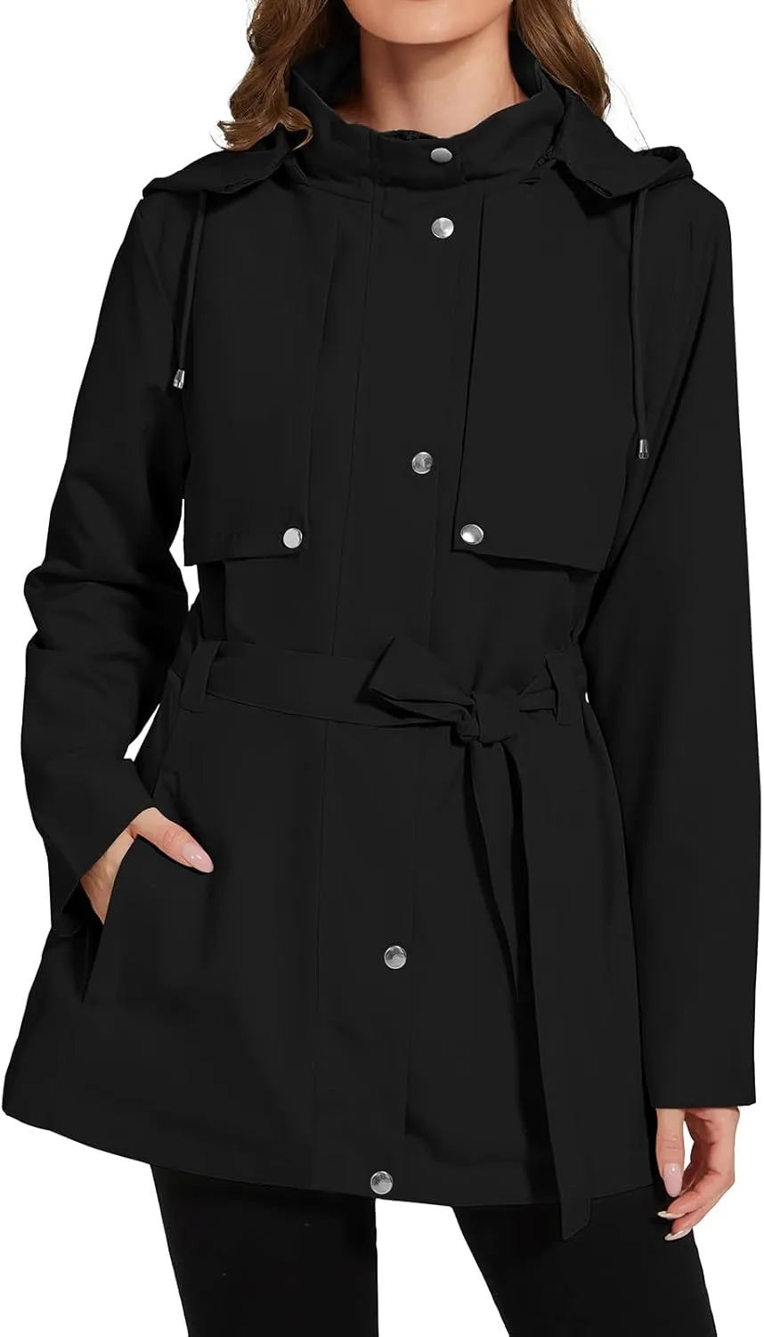 Womens Rain Jacket with Hood, Long Rain Coat for Women Waterproof Trench Coat Lined Windbreaker Fall Jacket