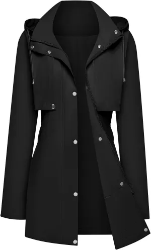 Womens Rain Jacket with Hood, Long Rain Coat for Women Waterproof Trench Coat Lined Windbreaker Fall Jacket