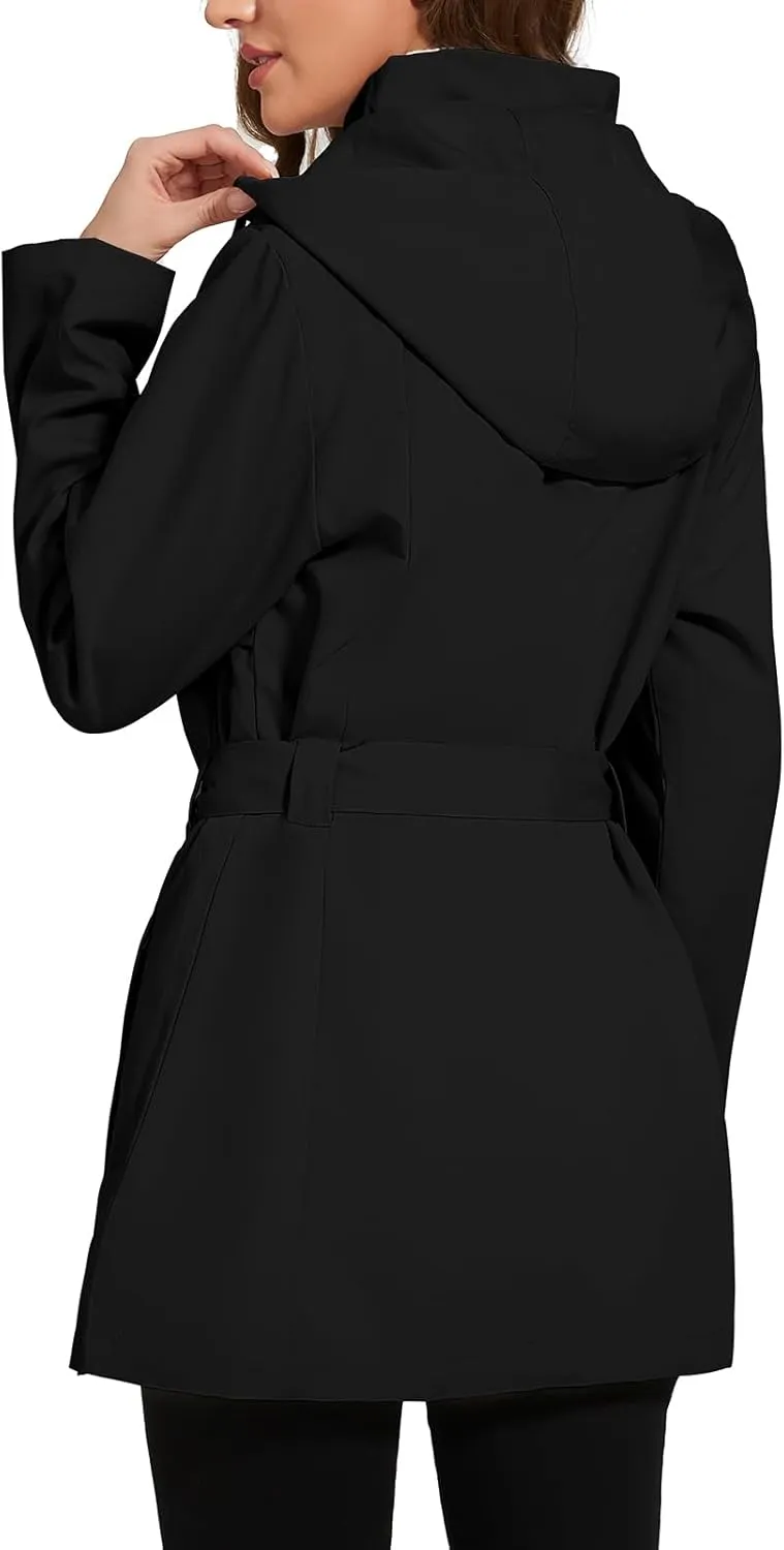 Womens Rain Jacket with Hood, Long Rain Coat for Women Waterproof Trench Coat Lined Windbreaker Fall Jacket