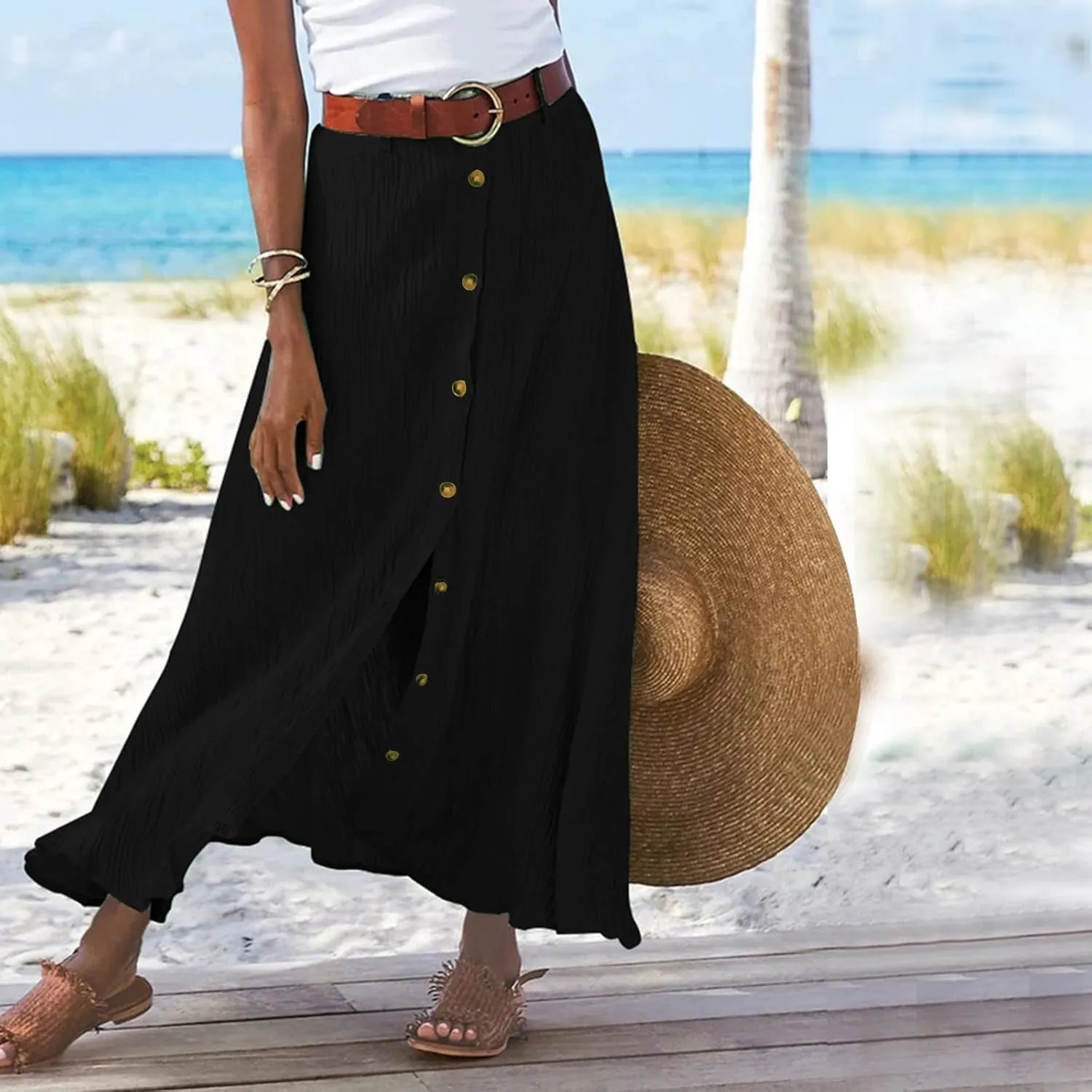 Womens Skirts Midi Length,Fashion Button Slit A-line Hip-Covering Mid-Waist Skirt Slim Elegant Flowing Skirts 2024