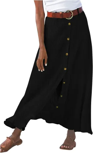 Womens Skirts Midi Length,Fashion Button Slit A-line Hip-Covering Mid-Waist Skirt Slim Elegant Flowing Skirts 2024