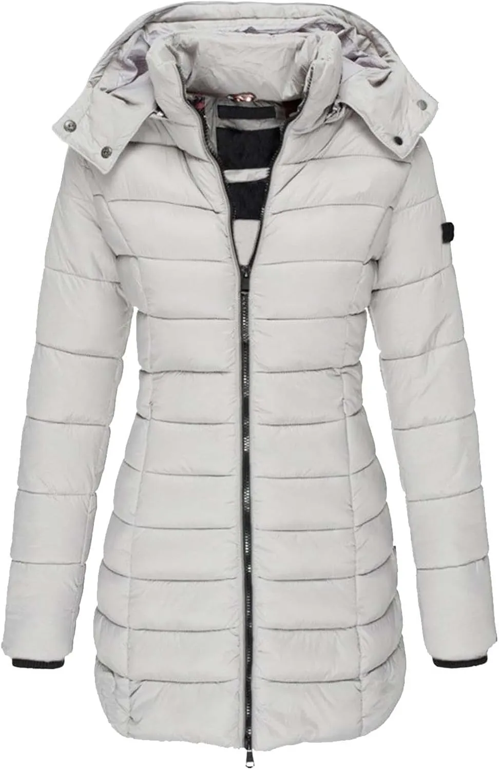 Women's Solid Color Warm Cotton Padded Jacket Hooded Coat Zip Up Stand Collar Slim Fit Outwear Casual Winter (Grey-a, L)