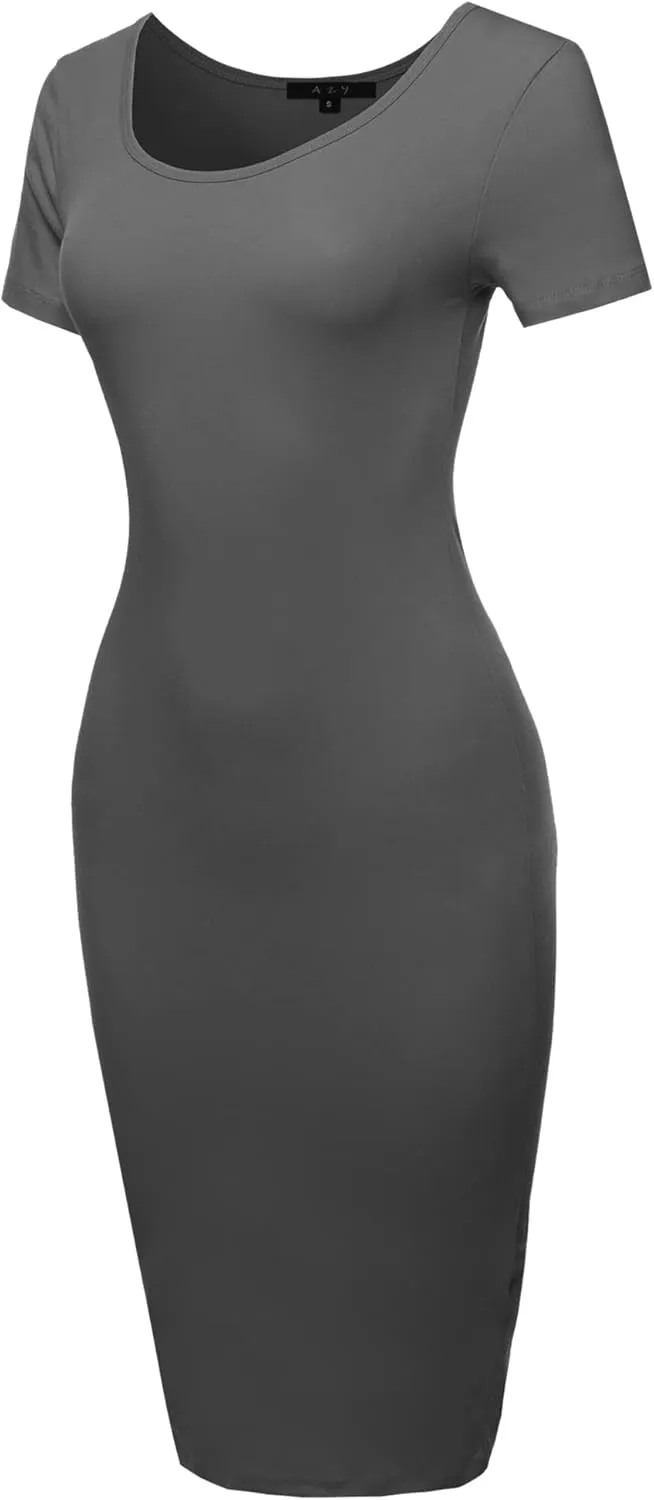 Women's Solid Fitted Classic Short Sleeve Premium Cotton Midi Dress