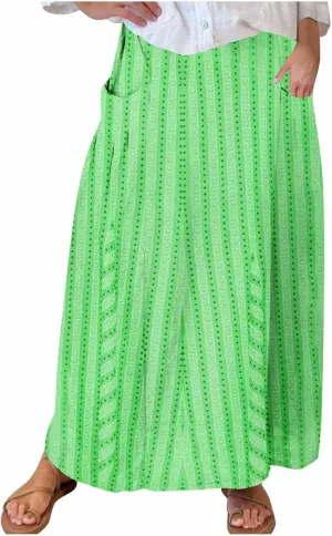 Womens Stripe Skirt Trendy Casual Elastic High Waisted Skirt Loose Fit Pleated Flowy Swing Maxi Skirts with Pockets