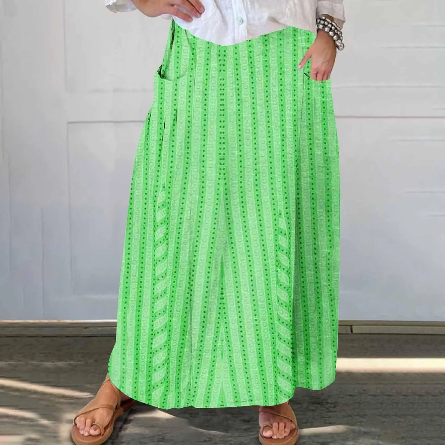Womens Stripe Skirt Trendy Casual Elastic High Waisted Skirt Loose Fit Pleated Flowy Swing Maxi Skirts with Pockets