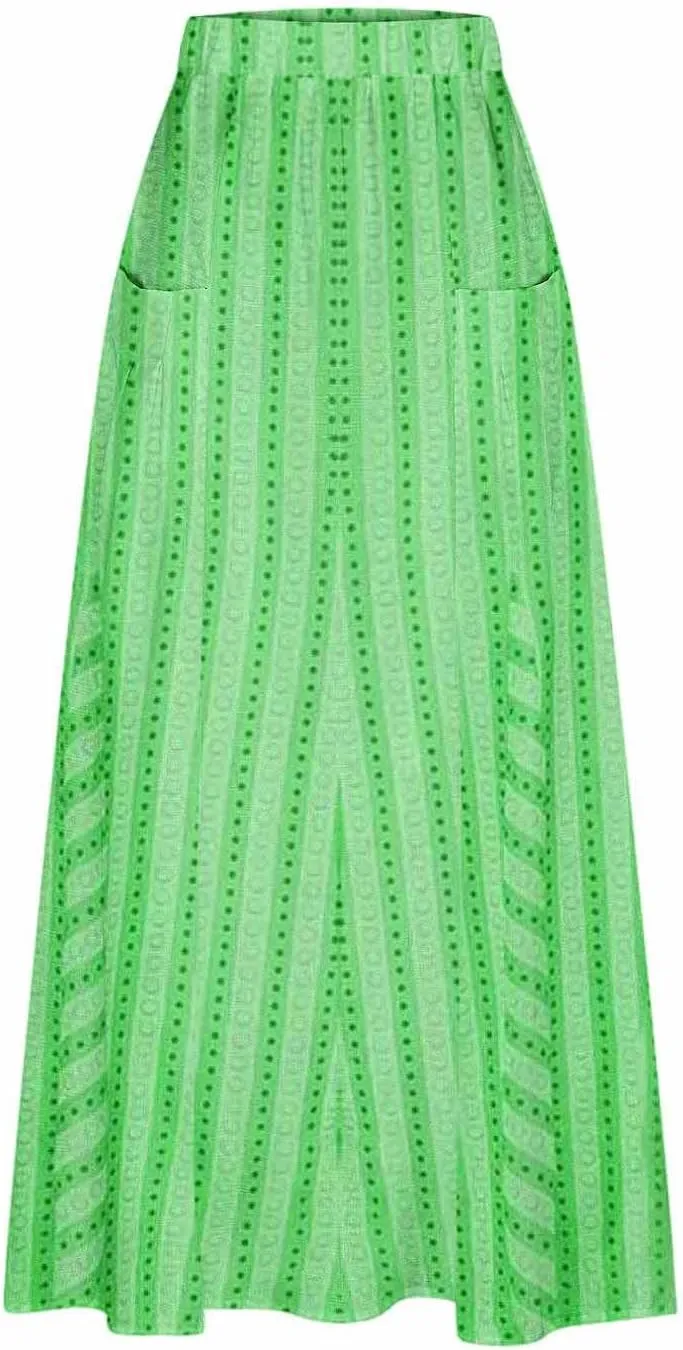 Womens Stripe Skirt Trendy Casual Elastic High Waisted Skirt Loose Fit Pleated Flowy Swing Maxi Skirts with Pockets