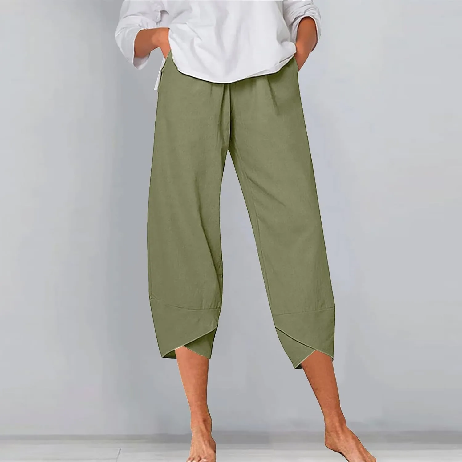Women's Summer Cotton Linen Capri Pants Casual High Waist Cropped Trouser Tapered Leg Sweatpants Loose Workout Pants