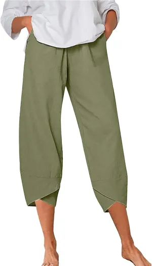 Women's Summer Cotton Linen Capri Pants Casual High Waist Cropped Trouser Tapered Leg Sweatpants Loose Workout Pants