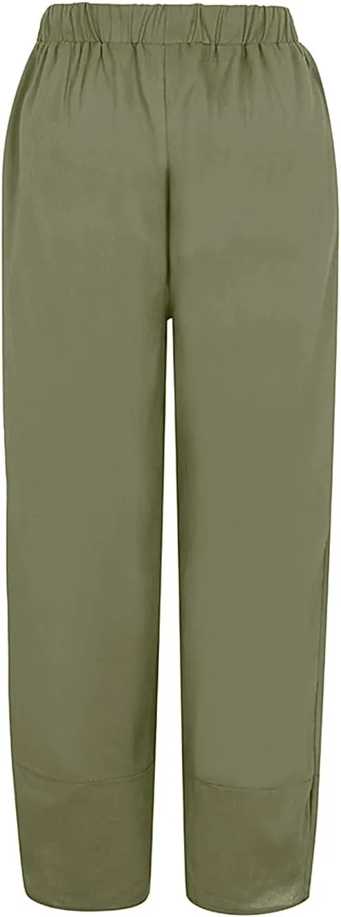 Women's Summer Cotton Linen Capri Pants Casual High Waist Cropped Trouser Tapered Leg Sweatpants Loose Workout Pants