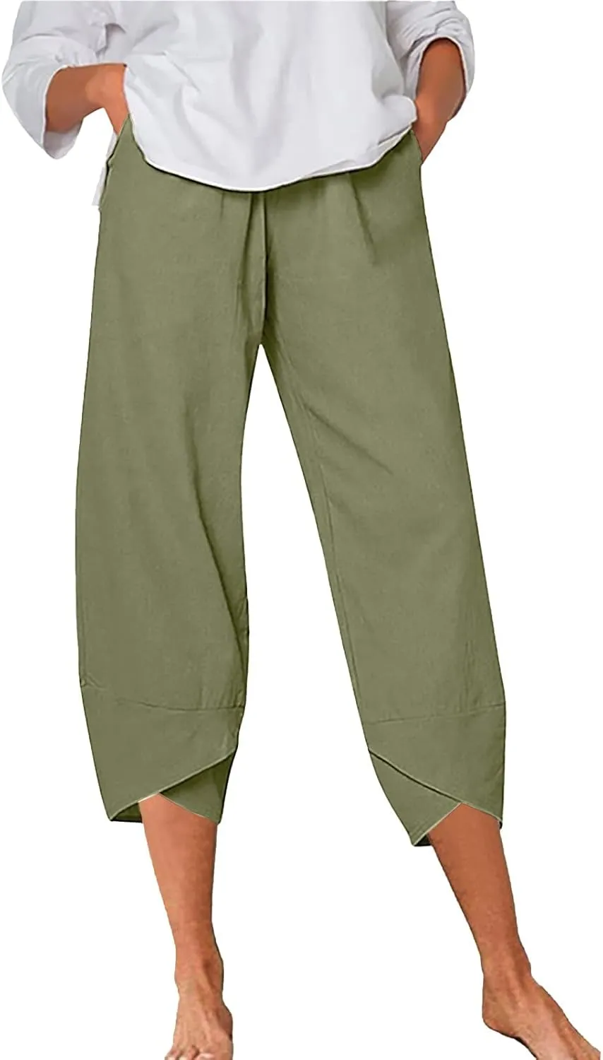 Women's Summer Cotton Linen Capri Pants Casual High Waist Cropped Trouser Tapered Leg Sweatpants Loose Workout Pants