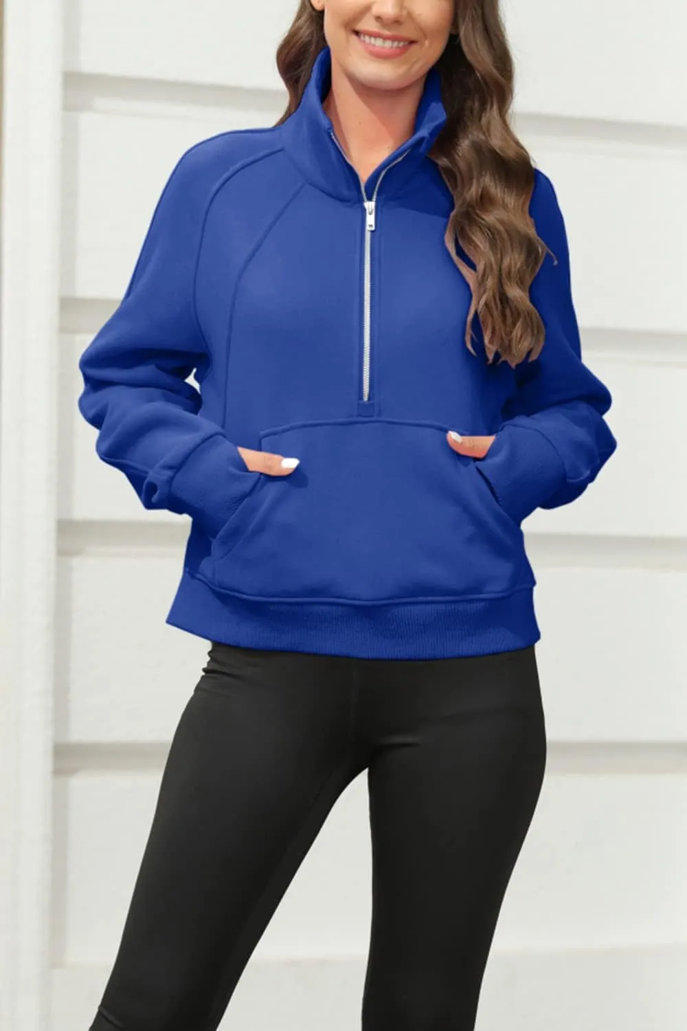 Women's Sweatshirts Fleece Lined Half Zipper Crop Pullover Tops Funnel Neck Long Sleeve Sweater Thumb Hole