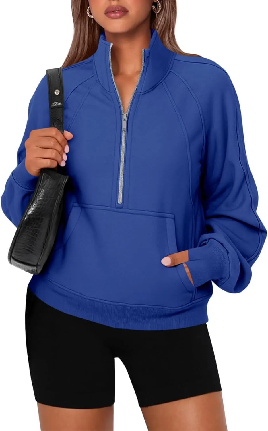 Women's Sweatshirts Fleece Lined Half Zipper Crop Pullover Tops Funnel Neck Long Sleeve Sweater Thumb Hole