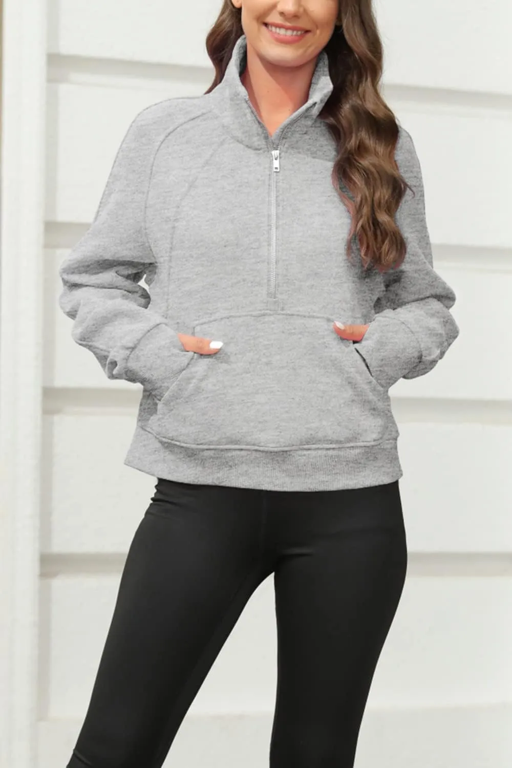 Women's Sweatshirts Fleece Lined Half Zipper Crop Pullover Tops Funnel Neck Long Sleeve Sweater Thumb Hole