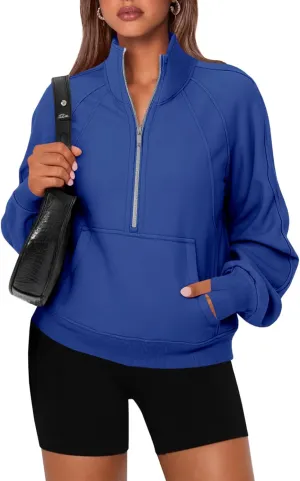 Women's Sweatshirts Fleece Lined Half Zipper Crop Pullover Tops Funnel Neck Long Sleeve Sweater Thumb Hole