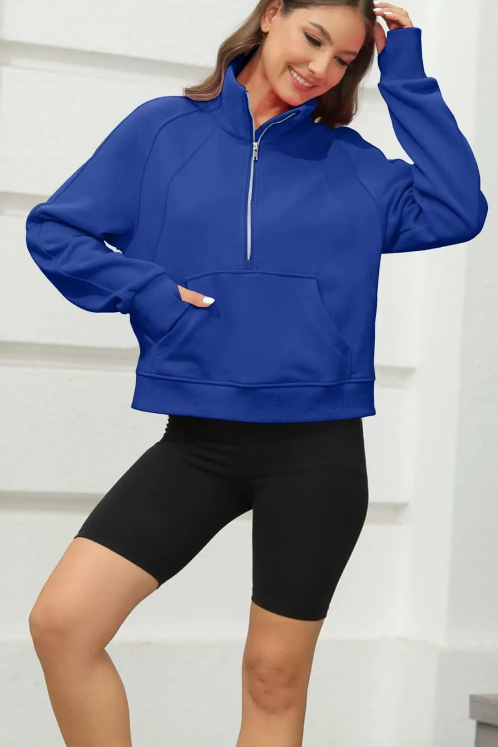 Women's Sweatshirts Fleece Lined Half Zipper Crop Pullover Tops Funnel Neck Long Sleeve Sweater Thumb Hole