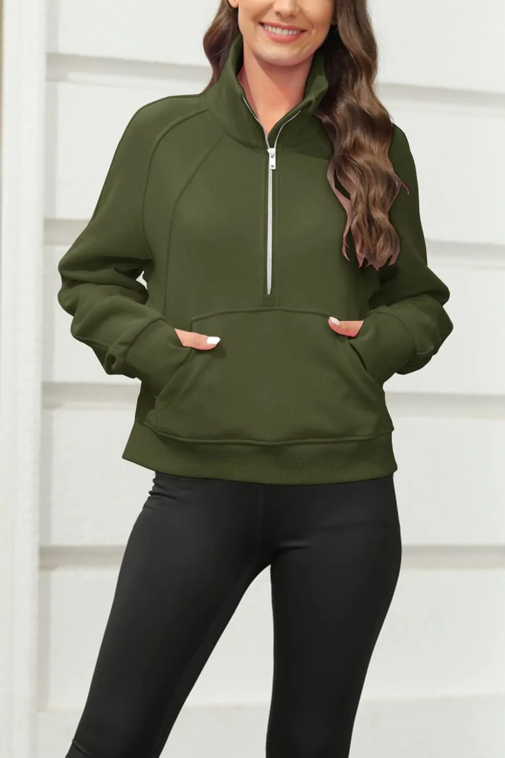 Womens Sweatshirts Half Zipper Crop Pullover Funnel Neck Fleece Lined Zip Up Long Sleeve Tops Thumb Hole