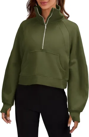 Womens Sweatshirts Half Zipper Crop Pullover Funnel Neck Fleece Lined Zip Up Long Sleeve Tops Thumb Hole