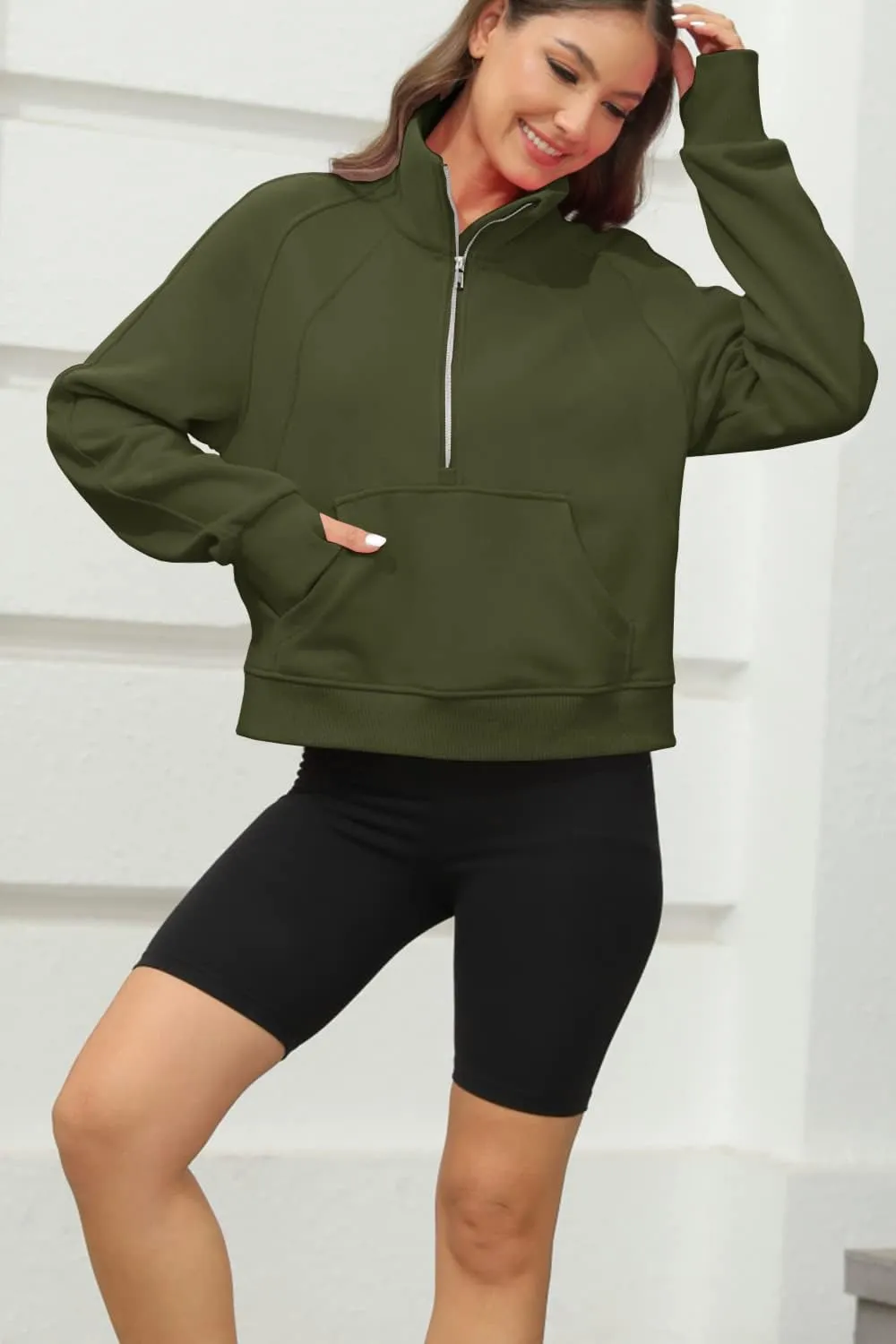 Womens Sweatshirts Half Zipper Crop Pullover Funnel Neck Fleece Lined Zip Up Long Sleeve Tops Thumb Hole