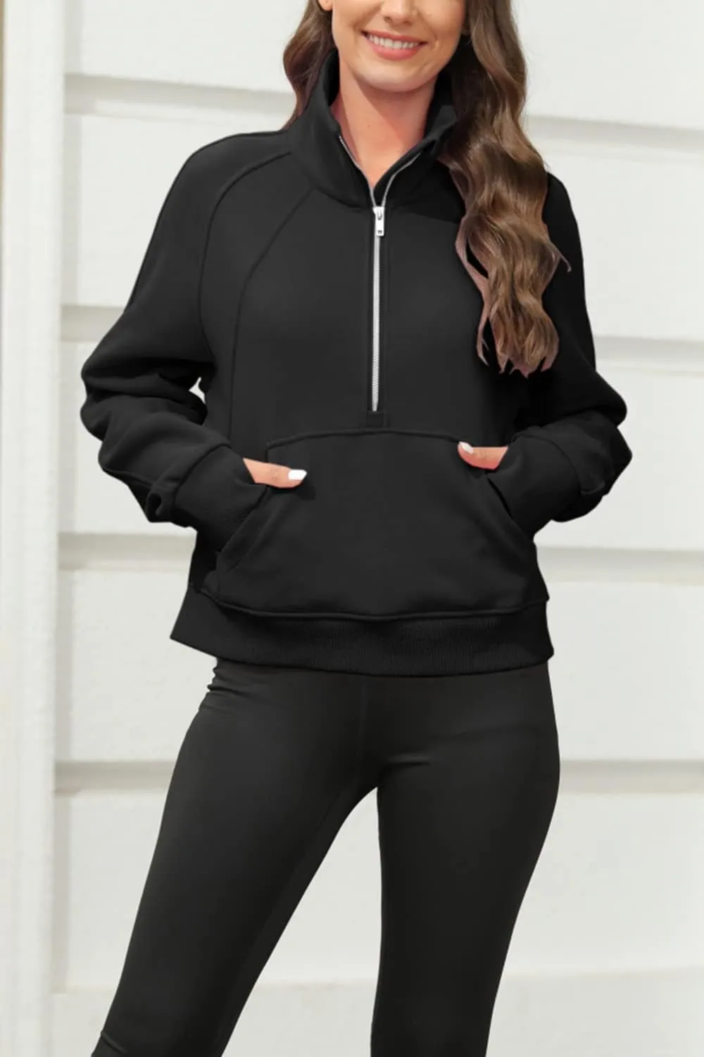 Womens Sweatshirts Half Zipper Crop Pullover Funnel Neck Fleece Lined Zip Up Long Sleeve Tops Thumb Hole