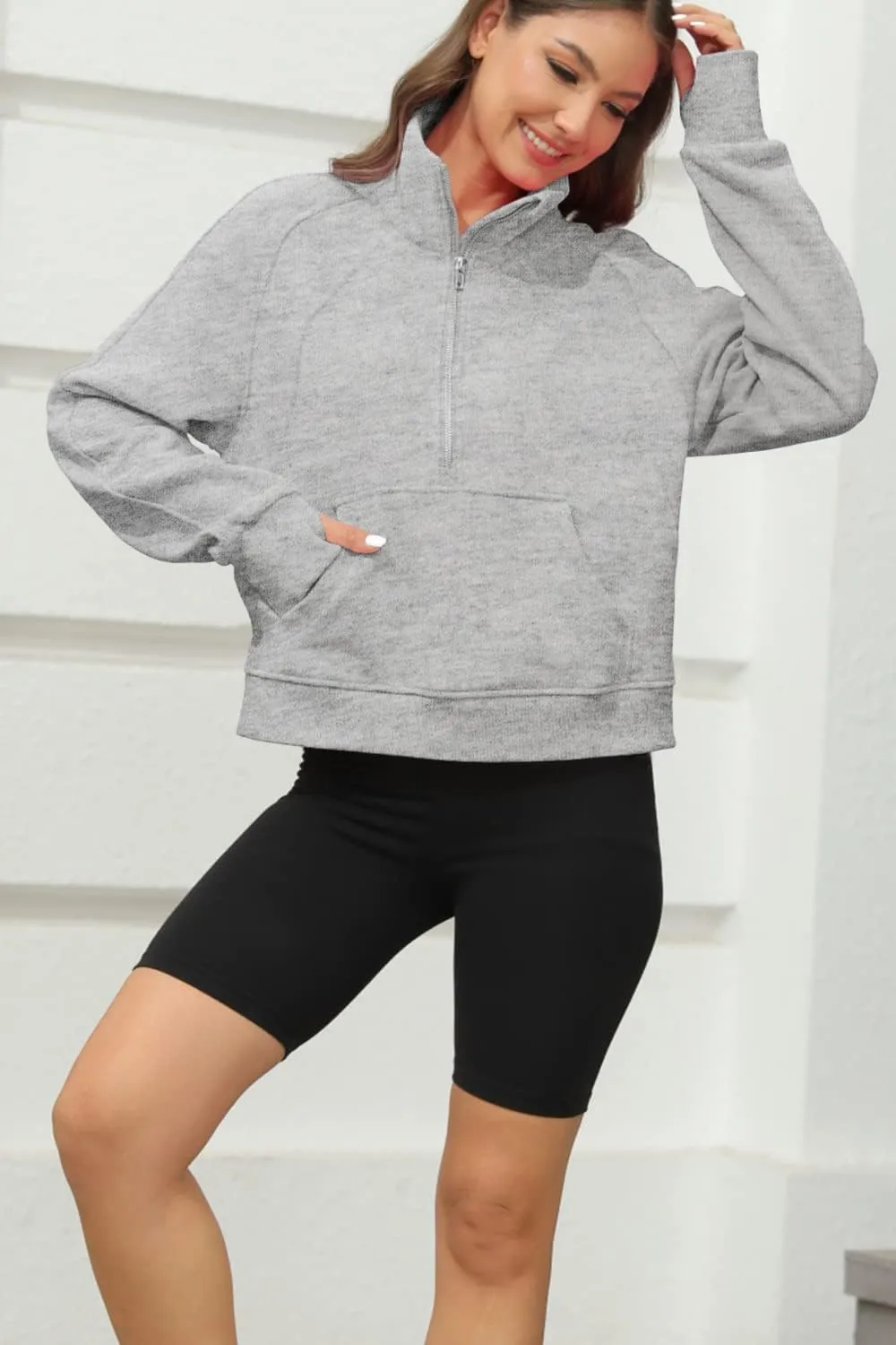 Womens Sweatshirts Half Zipper Crop Pullover Funnel Neck Fleece Lined Zip Up Long Sleeve Tops Thumb Hole