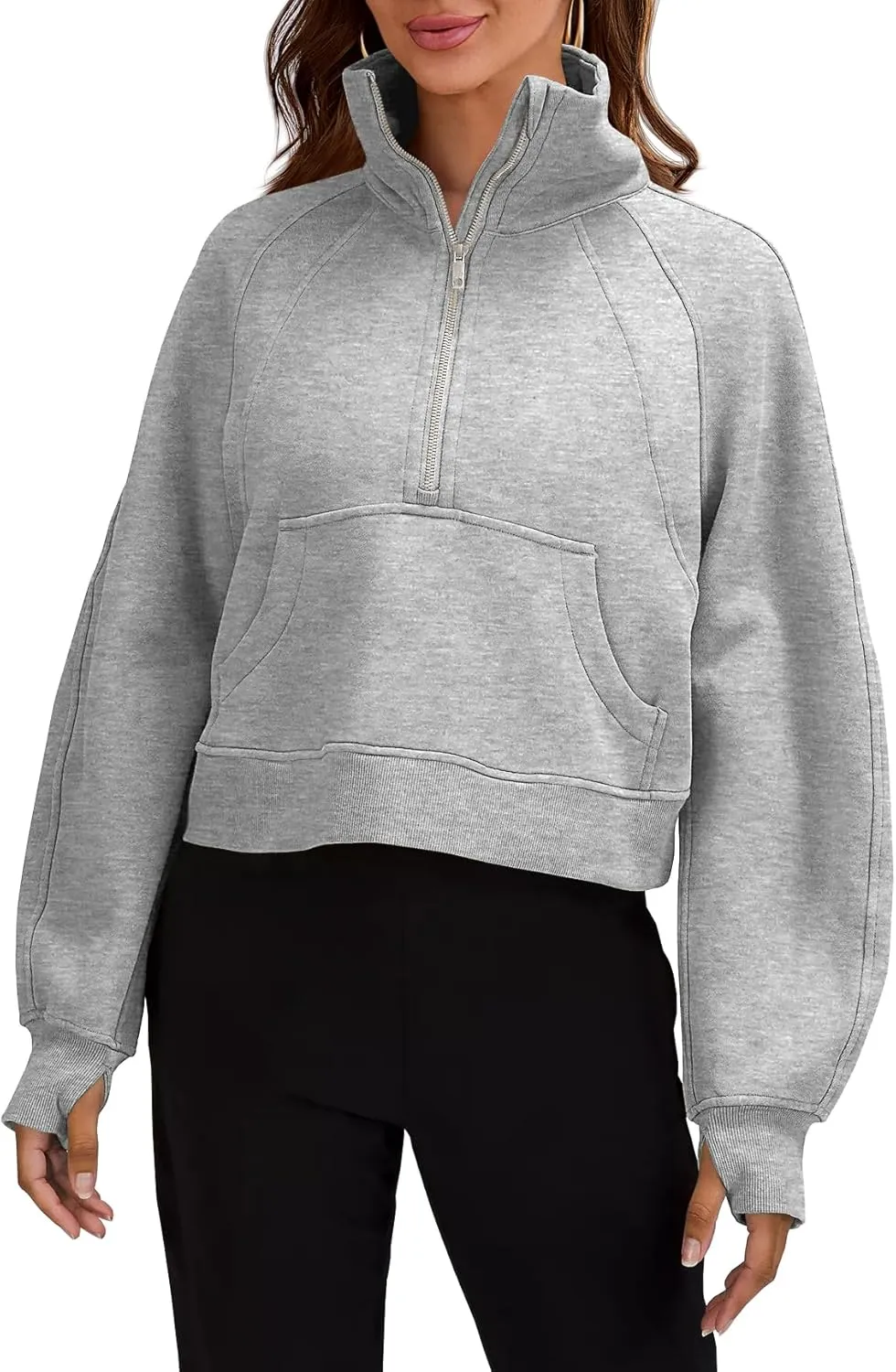 Womens Sweatshirts Half Zipper Crop Pullover Funnel Neck Fleece Lined Zip Up Long Sleeve Tops Thumb Hole
