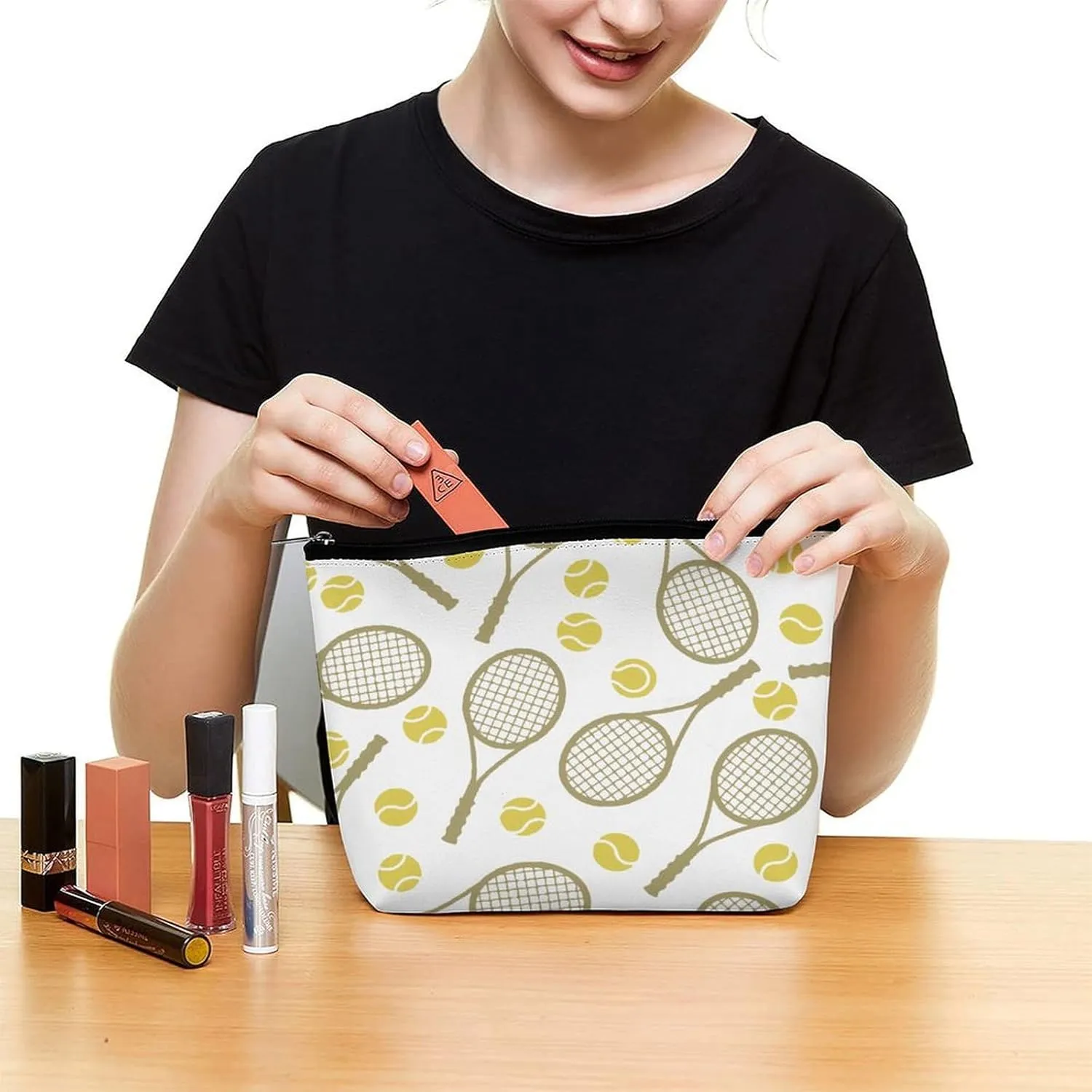 Women's Tote Handbags Small Makeup Bag Large Capacity Portable Cosmetic Bag Storage Organizer Purse Everyday Use Lightweight Waterproof Travel Bag (Tennis Rackets Balls Art)