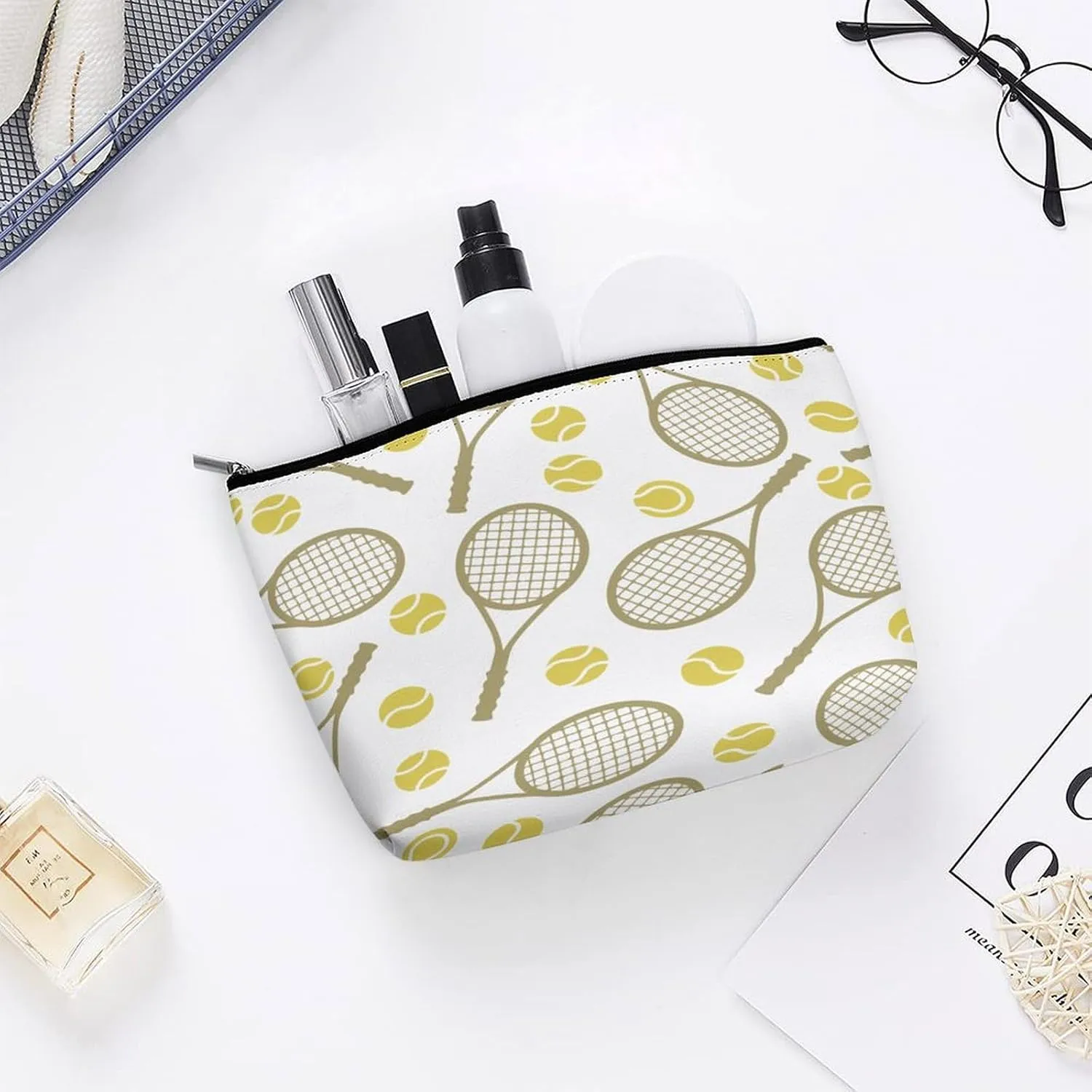Women's Tote Handbags Small Makeup Bag Large Capacity Portable Cosmetic Bag Storage Organizer Purse Everyday Use Lightweight Waterproof Travel Bag (Tennis Rackets Balls Art)