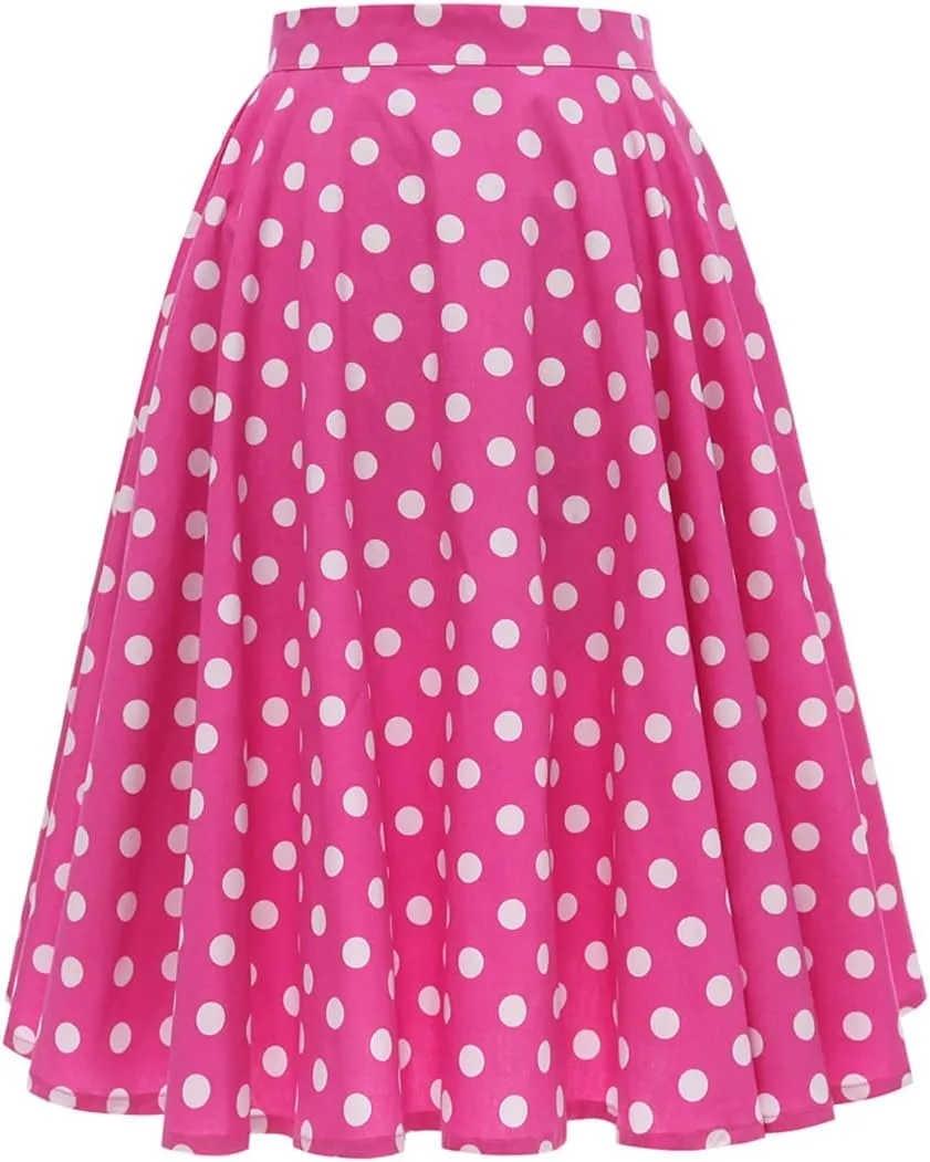 Women's Vintage Pleated Polka Dots Printed Basic A-line Swing Midi Skirt