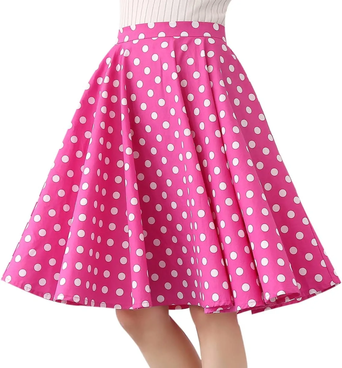 Women's Vintage Pleated Polka Dots Printed Basic A-line Swing Midi Skirt