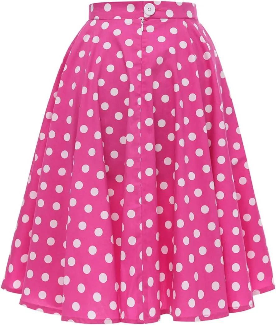 Women's Vintage Pleated Polka Dots Printed Basic A-line Swing Midi Skirt