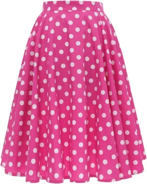 Women's Vintage Pleated Polka Dots Printed Basic A-line Swing Midi Skirt