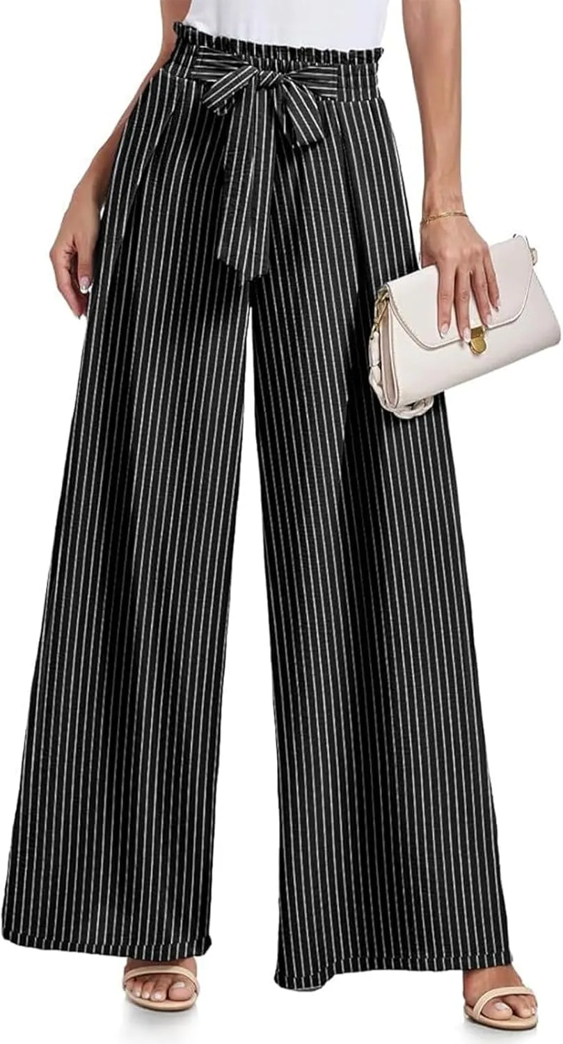Women's Wide Leg Pants High Waist Adjustable Knot Loose Casual Flowy Tie Knot Business Work Trousers with Pockets