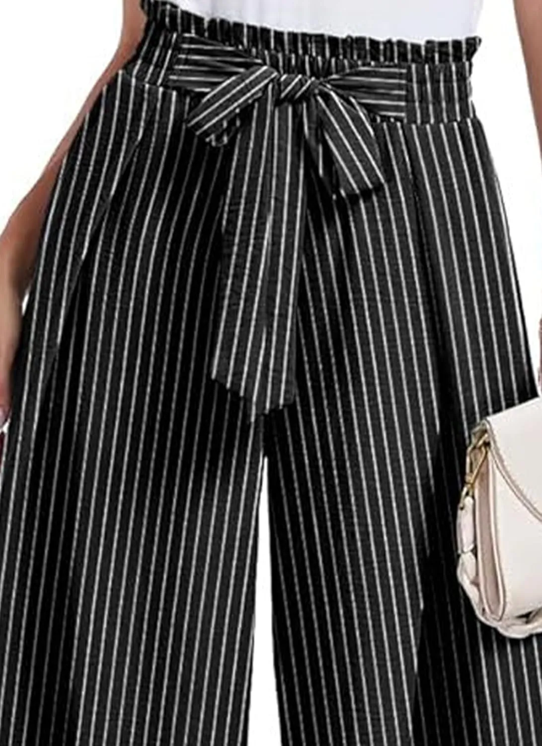Women's Wide Leg Pants High Waist Adjustable Knot Loose Casual Flowy Tie Knot Business Work Trousers with Pockets