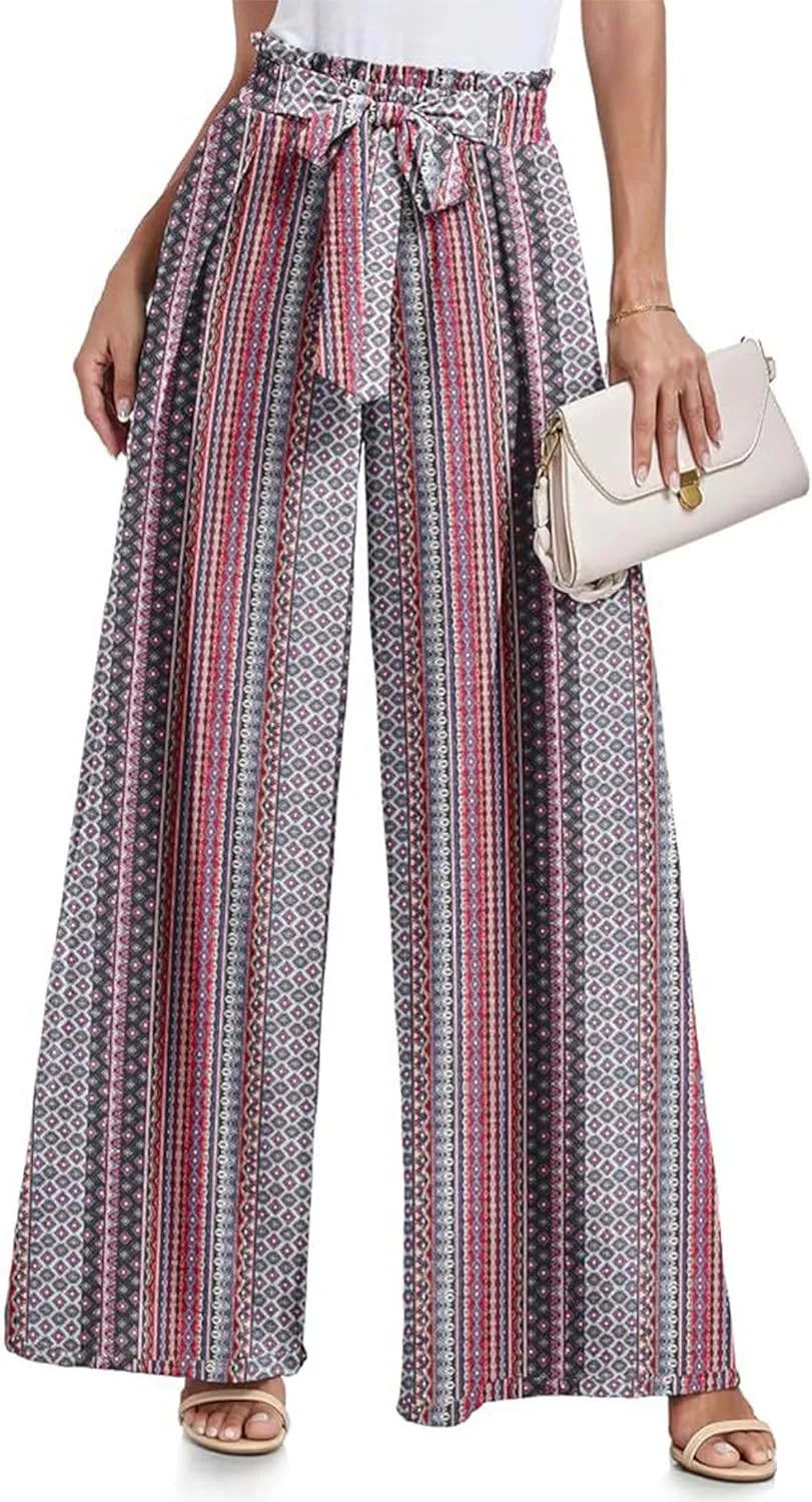 Women's Wide Leg Pants High Waist Adjustable Knot Loose Casual Flowy Tie Knot Business Work Trousers with Pockets