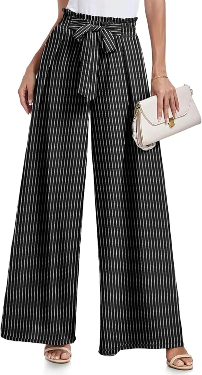 Women's Wide Leg Pants High Waist Adjustable Knot Loose Casual Flowy Tie Knot Business Work Trousers with Pockets