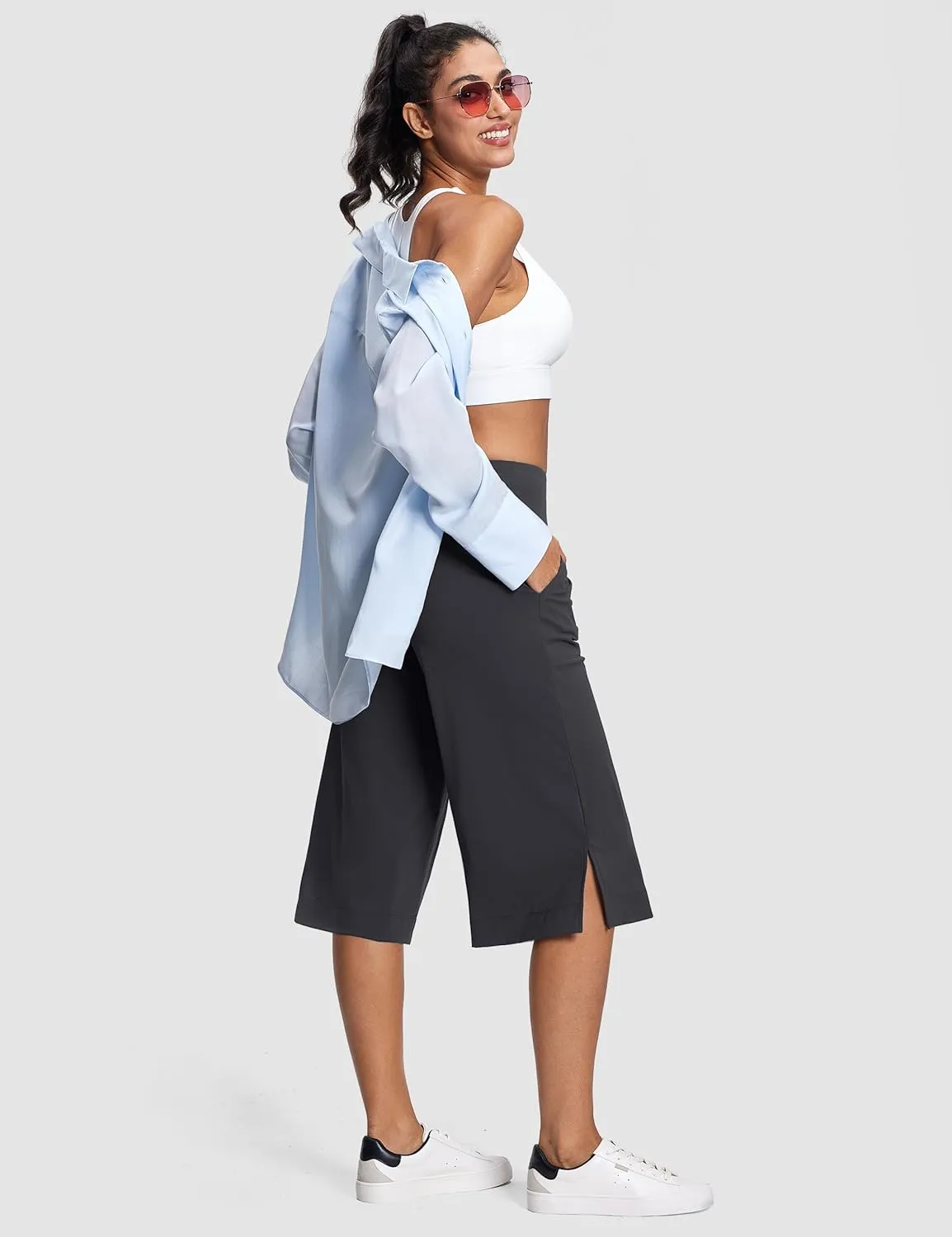 Women's Wide Leg Yoga Capris High Waist Loose Fit Dress Pants with Pockets Casual Lounge Capri Pants for Women