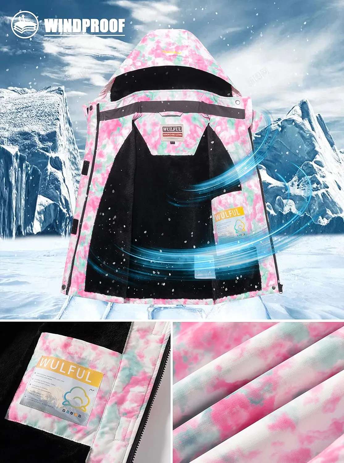 WULFUL Girl's Waterproof Ski Jacket Warm Fleece Hooded Winter Snow Coat