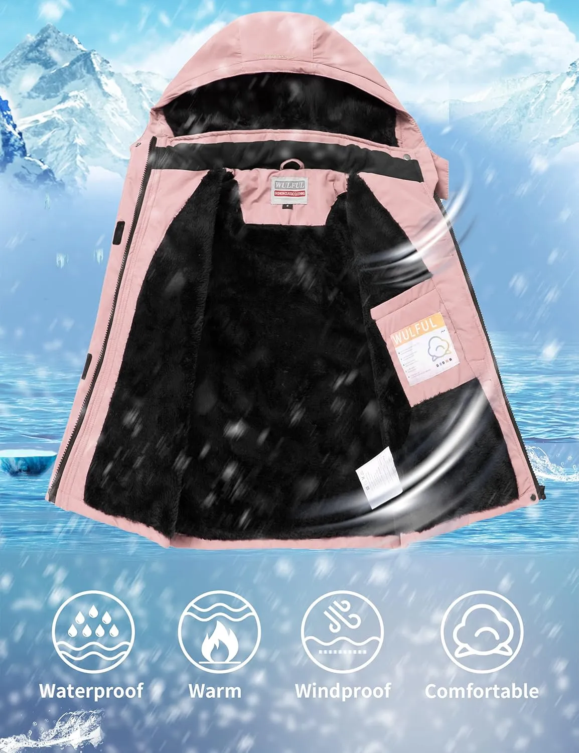 WULFUL Girl's Waterproof Ski Jacket Warm Fleece Hooded Winter Snow Coat
