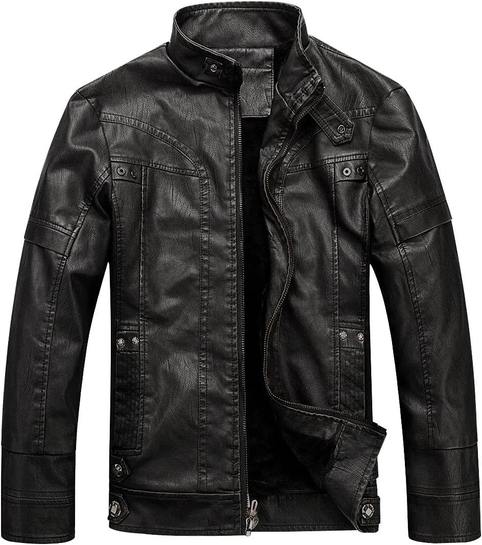 WULFUL Men's Vintage Stand Collar Leather Jacket Motorcycle PU Jacket and Coat