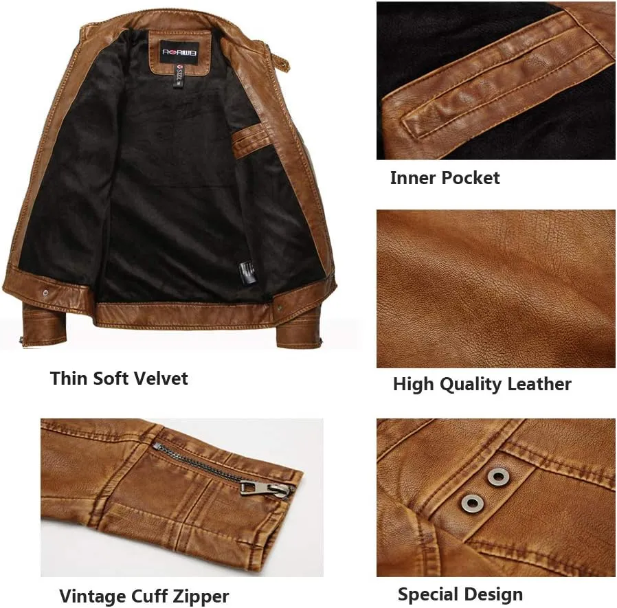 WULFUL Men's Vintage Stand Collar Leather Jacket Motorcycle PU Jacket and Coat