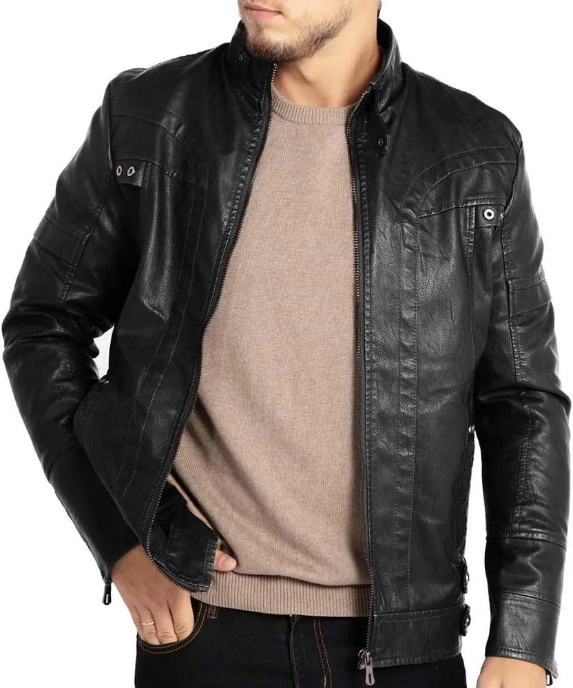 WULFUL Men's Vintage Stand Collar Leather Jacket Motorcycle PU Jacket and Coat