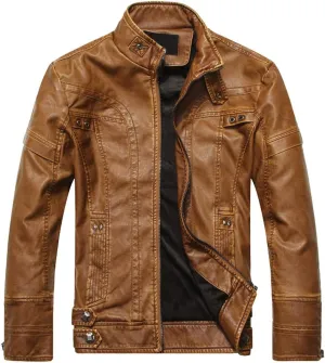 WULFUL Men's Vintage Stand Collar Leather Jacket Motorcycle PU Jacket and Coat