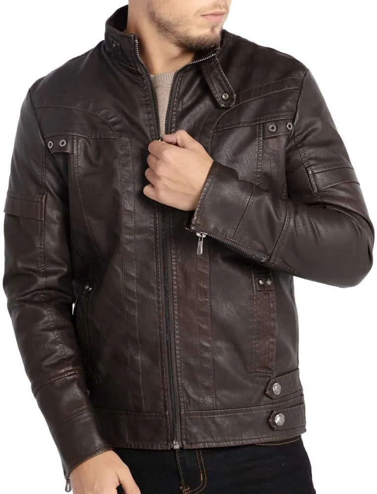 WULFUL Men's Vintage Stand Collar Leather Jacket Motorcycle PU Jacket and Coat