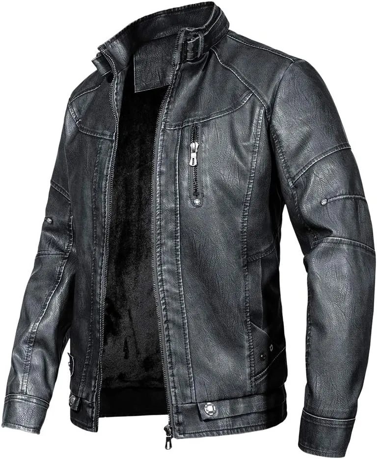 WULFUL Men's Vintage Stand Collar Leather Jacket Motorcycle PU Jacket and Coat