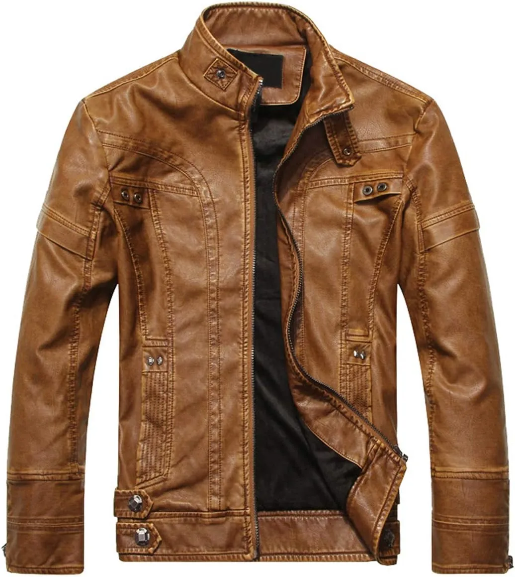 WULFUL Men's Vintage Stand Collar Leather Jacket Motorcycle PU Jacket and Coat