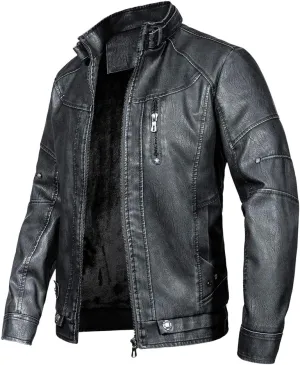 WULFUL Men's Vintage Stand Collar Leather Jacket Motorcycle PU Jacket and Coat