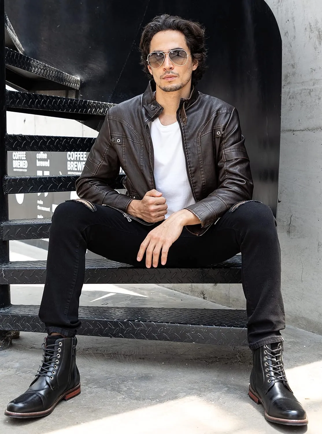 WULFUL Men's Vintage Stand Collar Leather Jacket Motorcycle PU Jacket and Coat
